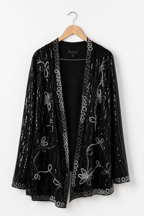 Investments Jackets & Blazers - Investments Jacket Women's Large Black Sequin Floral Open Front Knit Embellished